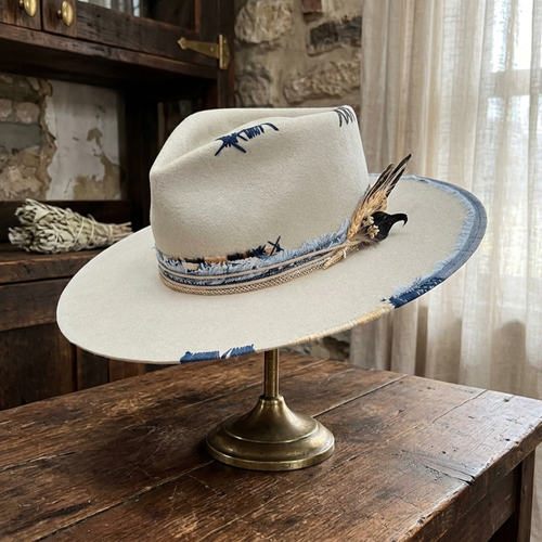 Beige Fedora Hat with Blue Feather Patchwork Band